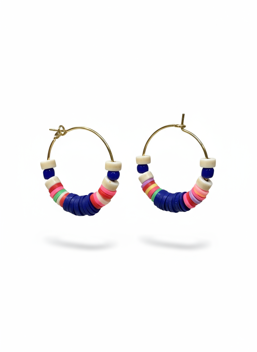 HILHE11 - Royal blue and multi coloured clay hoop earring