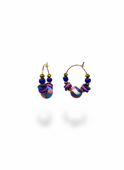 HILHE01 - Royal blue and pink clay hematite hoop earrings
