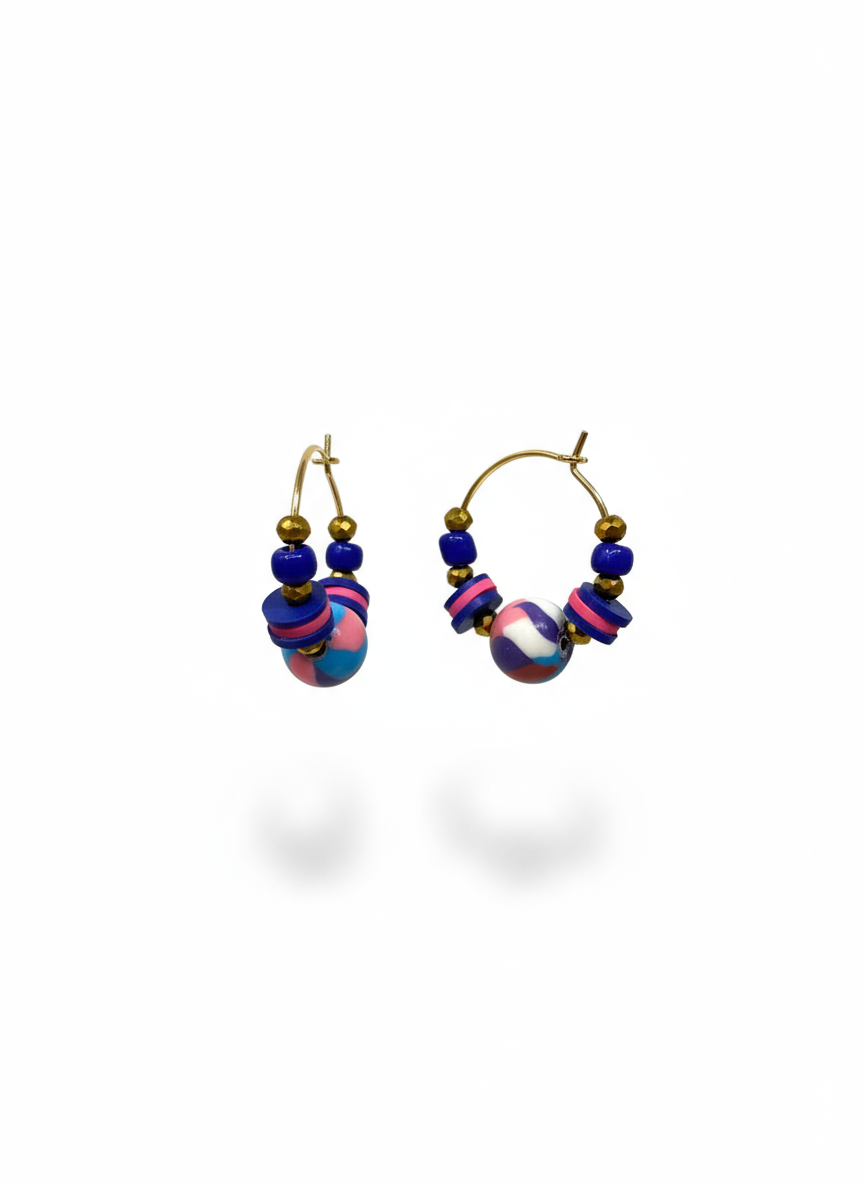 HILHE01 - Royal blue and pink clay hematite hoop earrings
