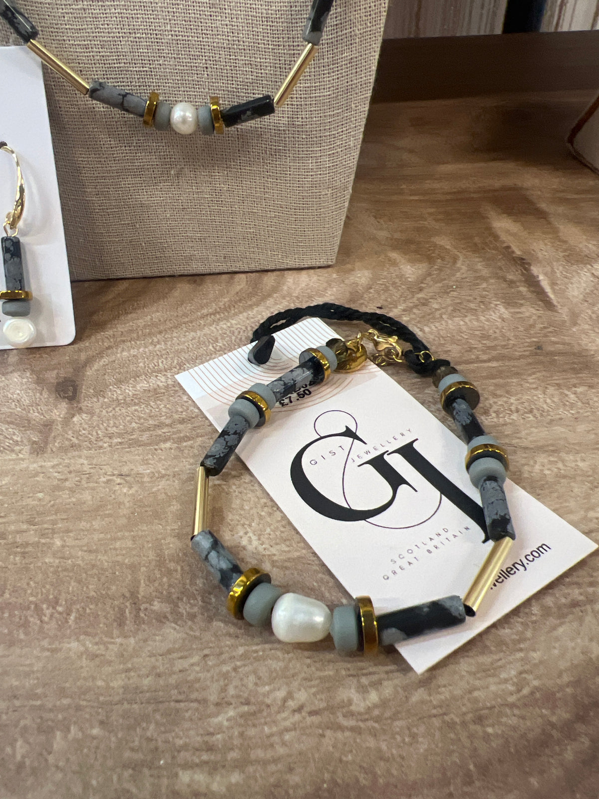 EORB02 - 7.5" , Synthetic black gemstone, Fresh water Pearls, Clay and Gold Plated Hematite Bracelet