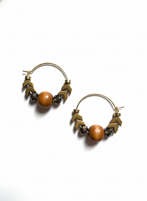FRTE15 - Gold plated hoop earrings, with crystal, Hematite and dyed wood focal