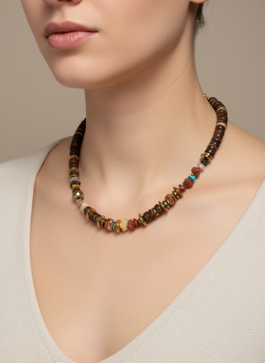 FRT08 - Coconut, Gold plated hematite, semi precious stone chips and crystal details make this 18" necklace