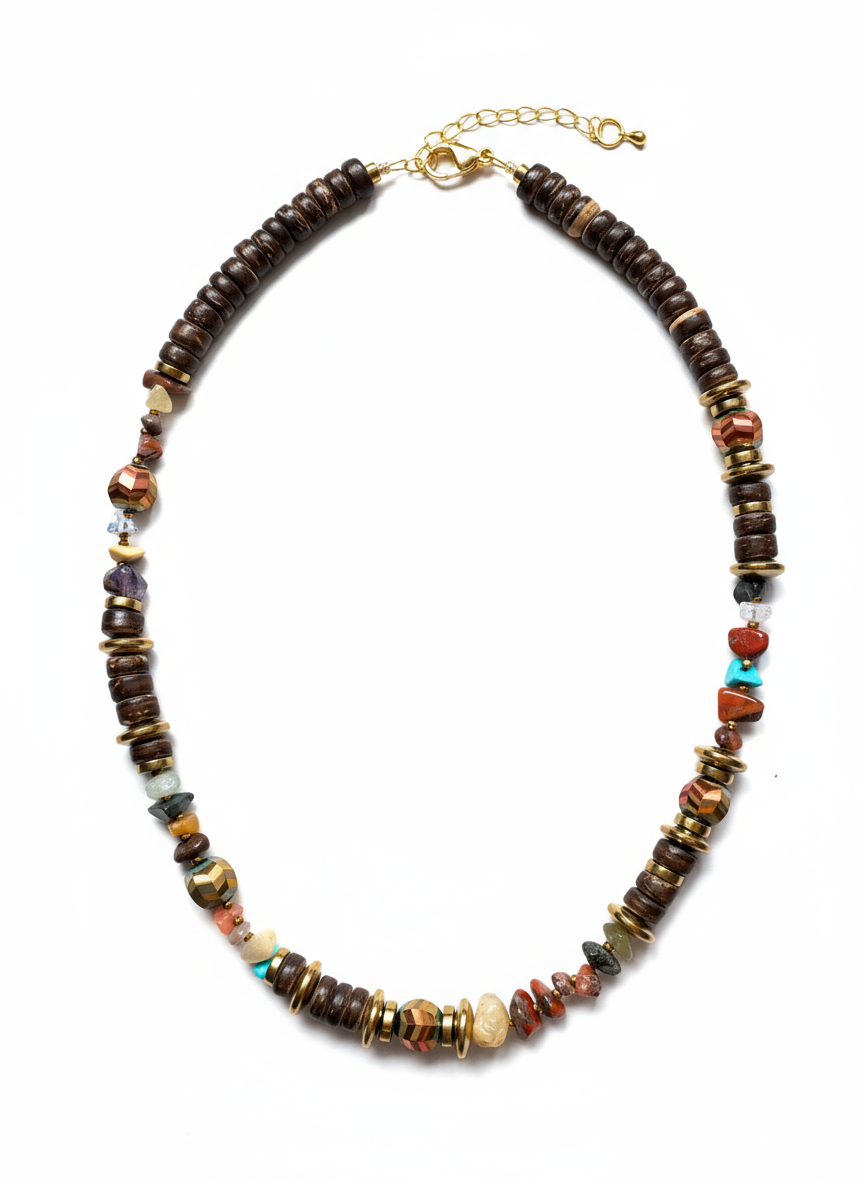 FRT08 - Coconut, Gold plated hematite, semi precious stone chips and crystal details make this 18" necklace
