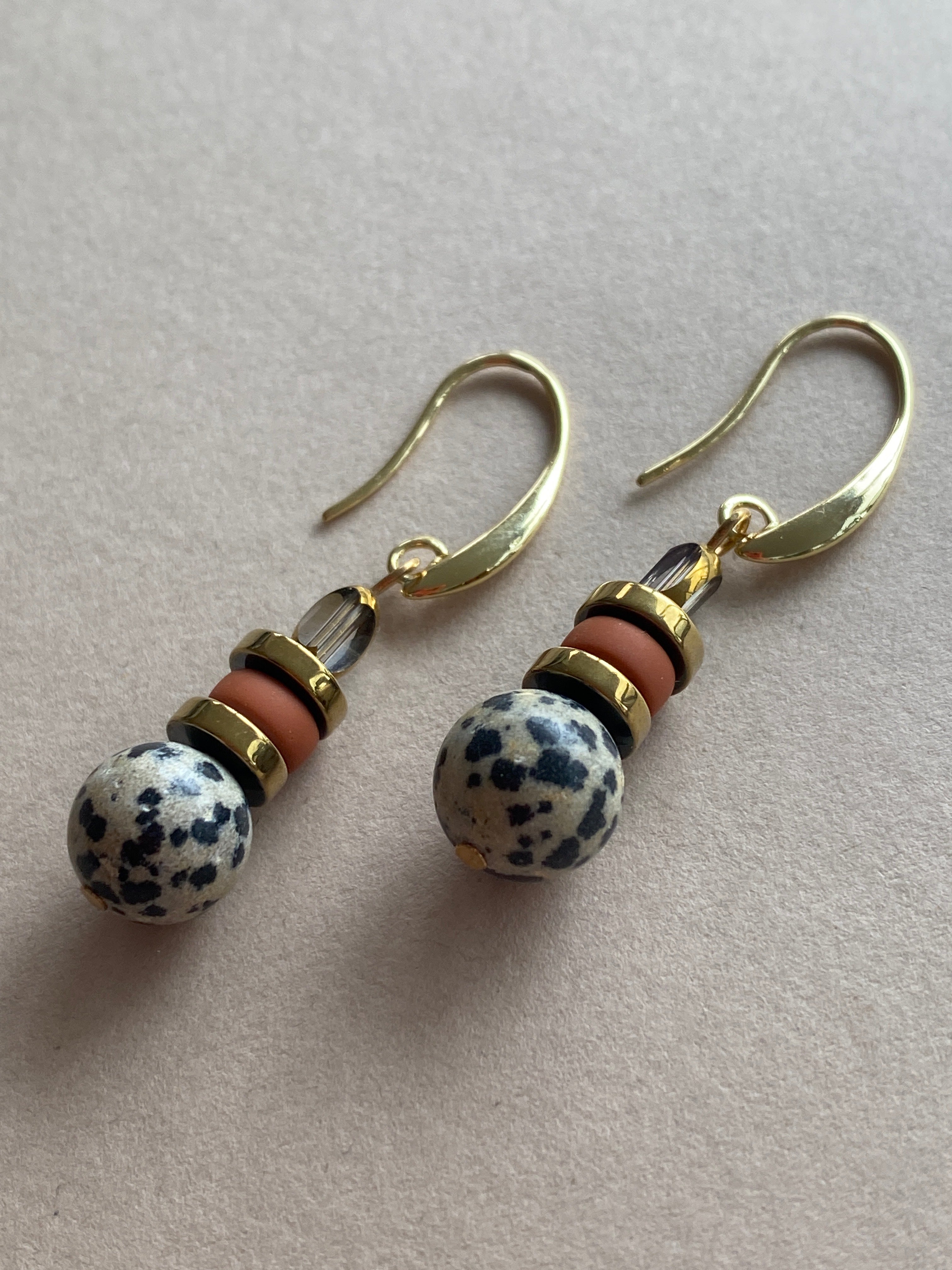 BDLE02 - Dalmatian Jasper & Sandstone barrel Drop Earrings