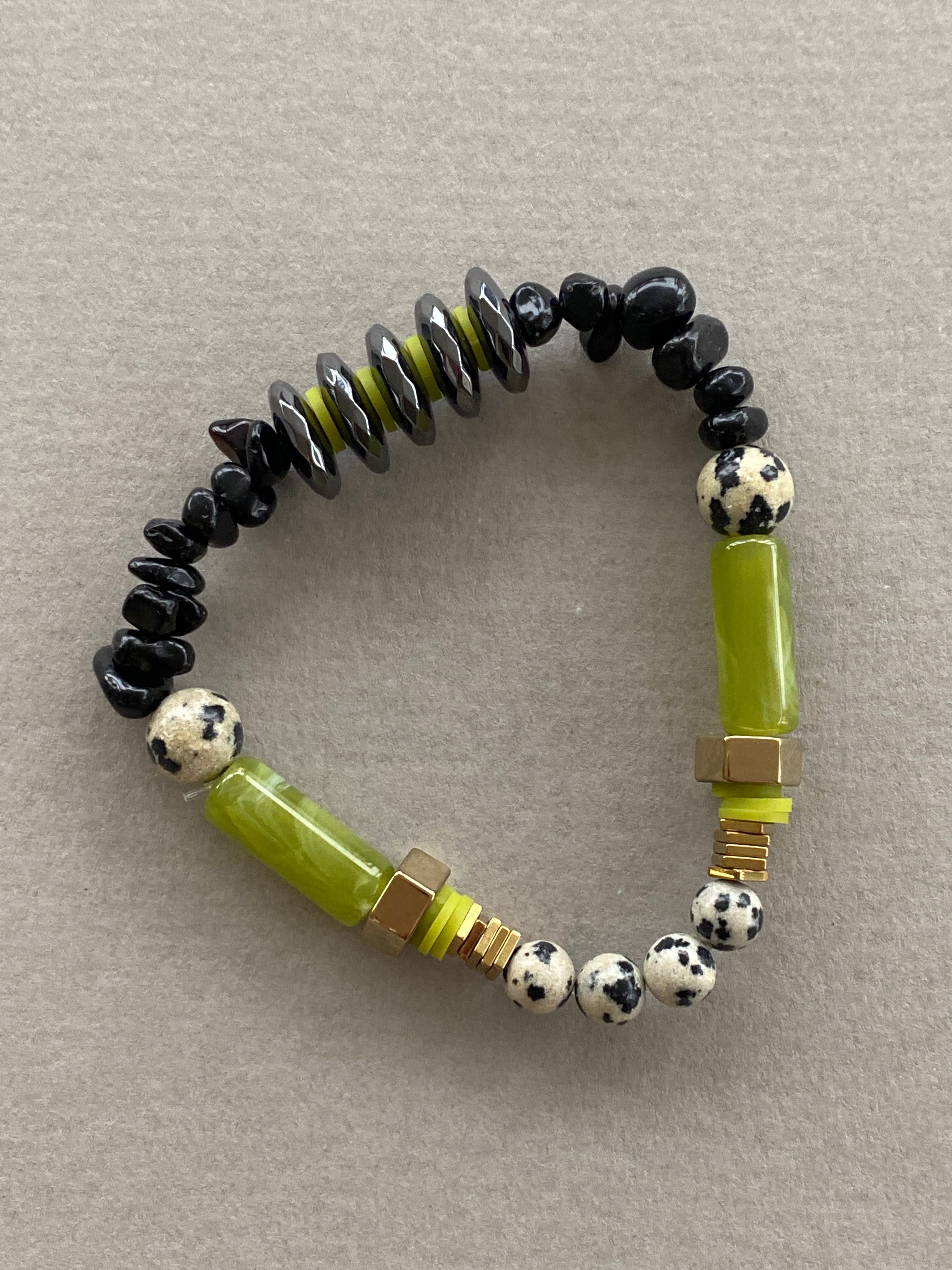 HILB05 - Dalmation jasper, clay, hematite, acrylic, clay and Obsidian gemstones bracelet