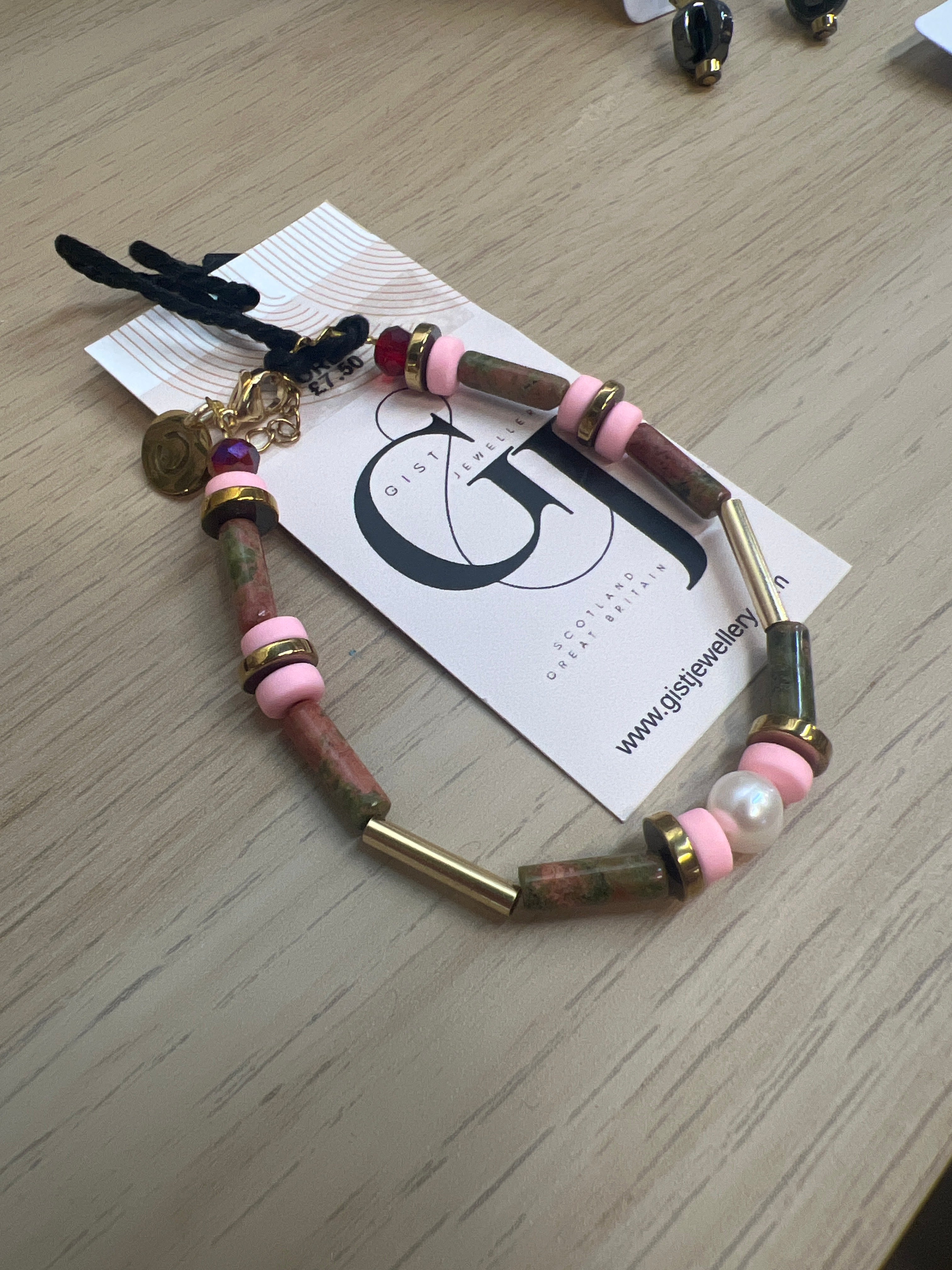 EORB01- 7.5" , Synthetic green gemstone, Fresh water Pearls, pink Clay and Gold Plated Hematite Bracelet