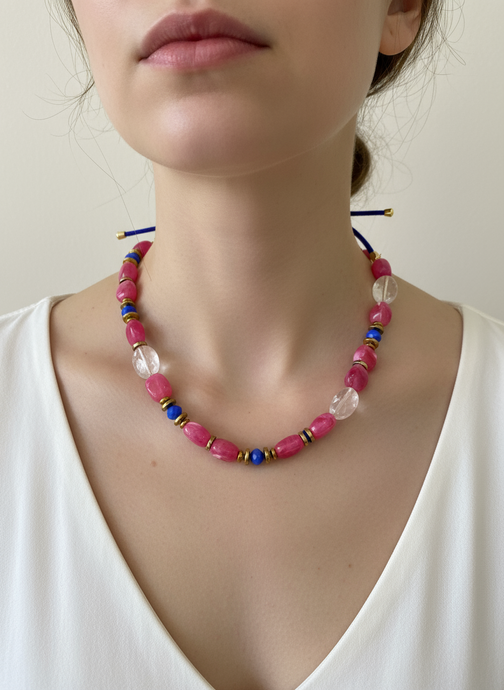 HIL13 - PInk and blue adjustable cord necklace
