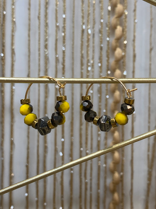 HILHE14 - yellow, hematite hoop earrings sml