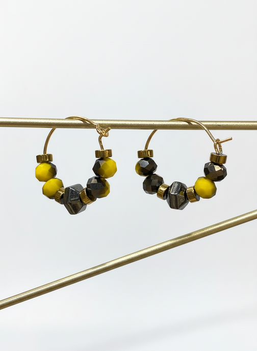 HILHE14 - yellow, hematite hoop earrings sml