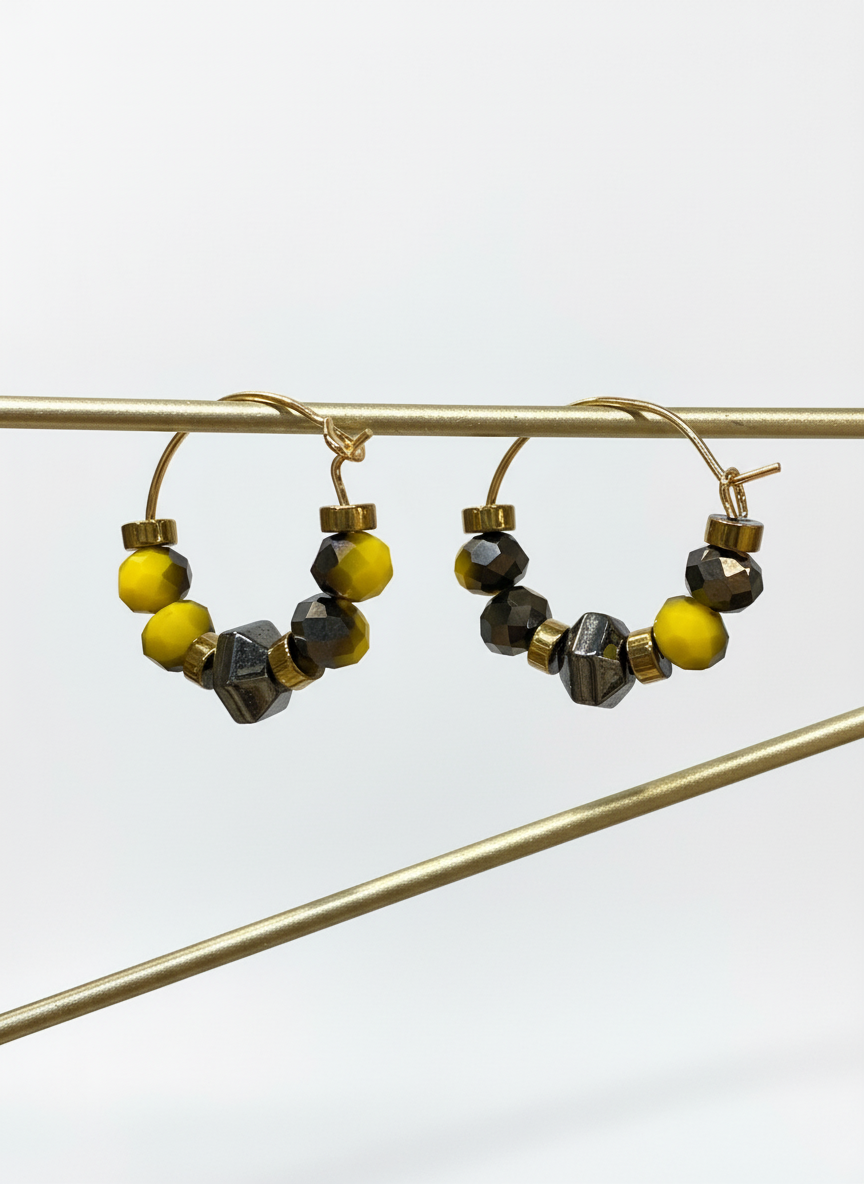 HILHE14 - yellow, hematite hoop earrings sml