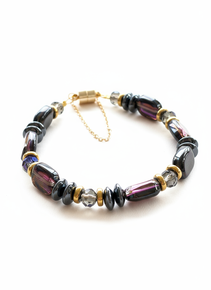 BDLB15 - Hematite, Glass & crystal bracelet in purple and bracelet