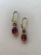 BDLE15 - Hematite, Glass & crystal drop earrings in purple and gunmetal