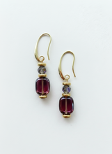 BDLE15 - Hematite, Glass & crystal drop earrings in purple and gunmetal