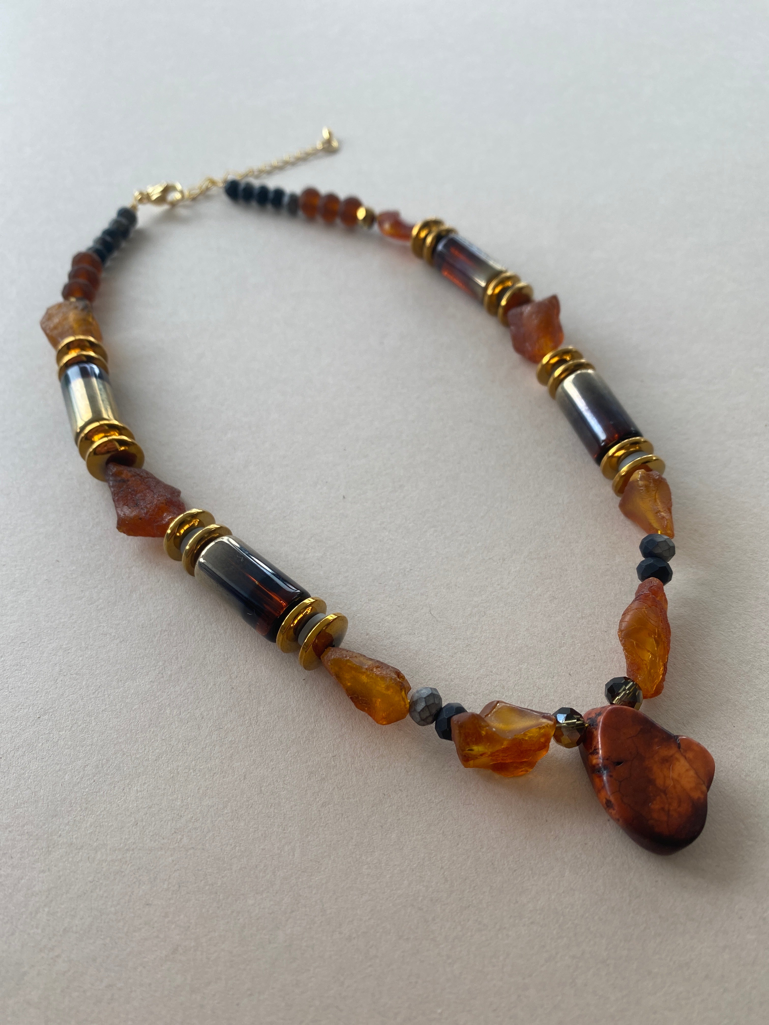 BDL10 - Raw Amber, hematite and crystal necklace