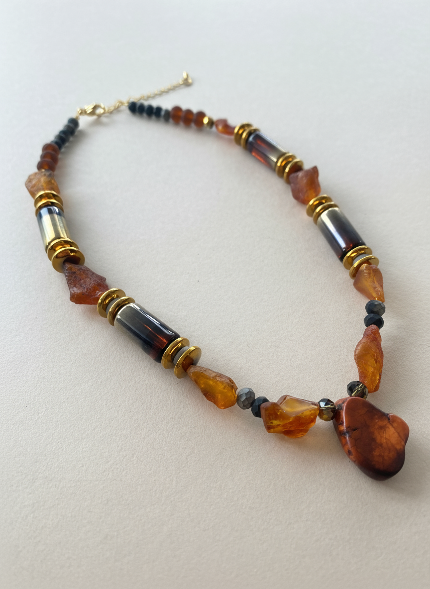 BDL10 - Raw Amber, hematite and crystal necklace