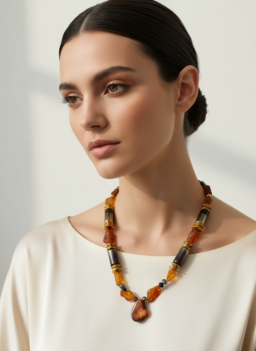 BDL10 - Raw Amber, hematite and crystal necklace