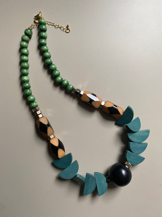 FRT03 - Painted wood, hematite, acrylic, and clay statement necklace