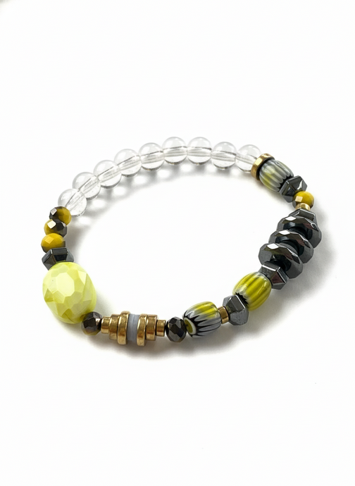 HILB14  - Black, Grey and Yellow green elasticated bracelet
