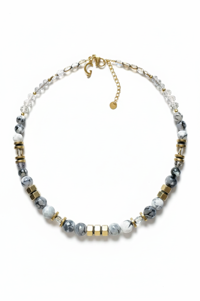 EOR03 - Colored Natural Fire Crackle Agate Dark Grey necklace