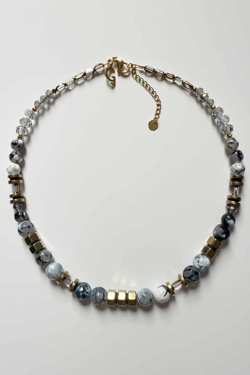EOR03 - Colored Natural Fire Crackle Agate Dark Grey necklace