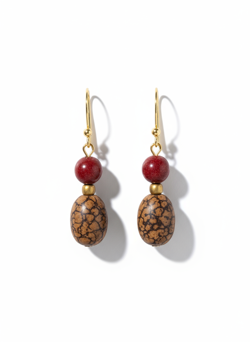BDLE01 - Red Jasper & Burlywood Mala wood Drop Earrings