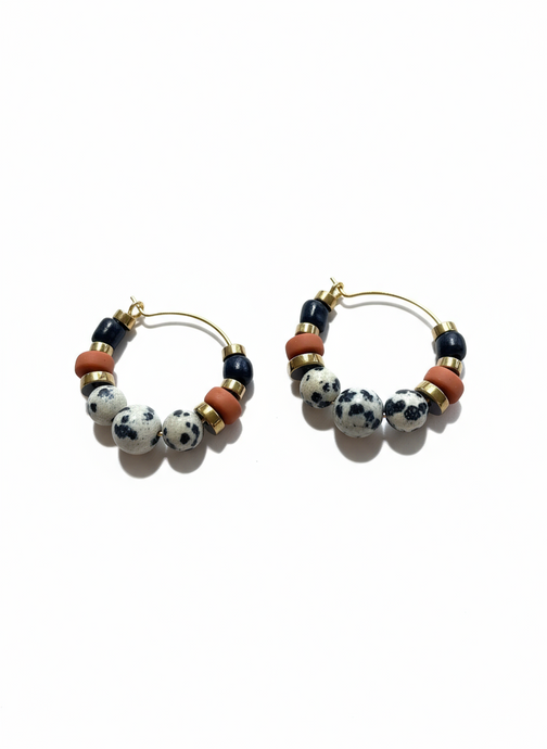 BDLHE02 - Dalmatian Jasper & Sandstone barrel Hoop Earrings