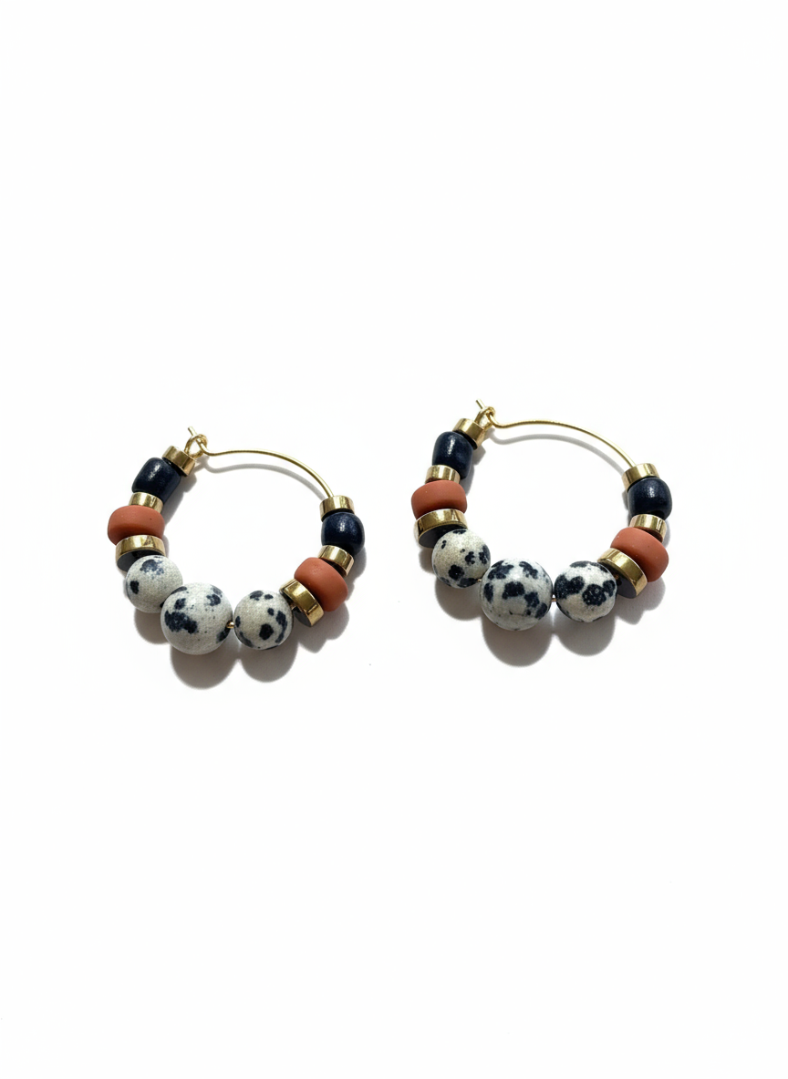 BDLHE02 - Dalmatian Jasper & Sandstone barrel Hoop Earrings