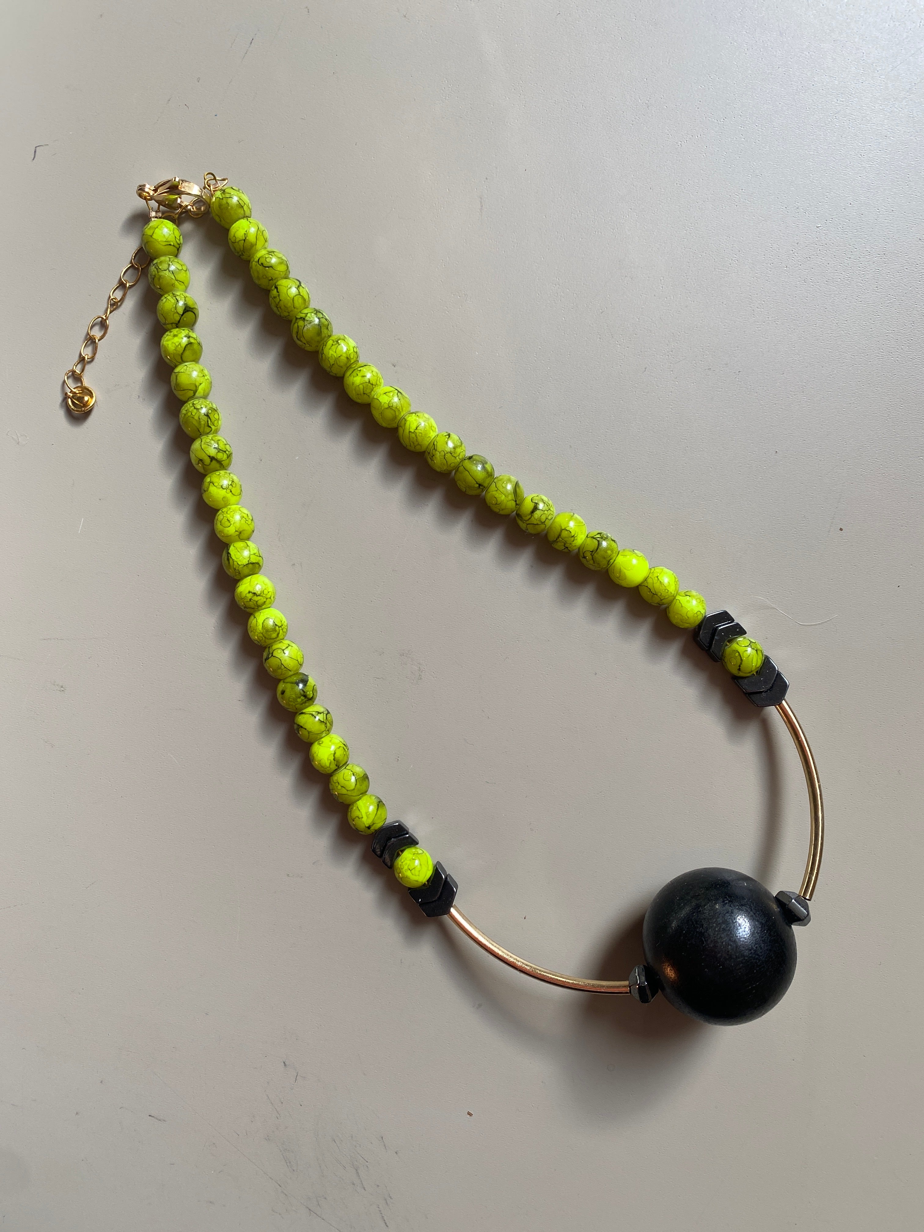 BDL17 - lime green, statement black focal wooden beaded necklace