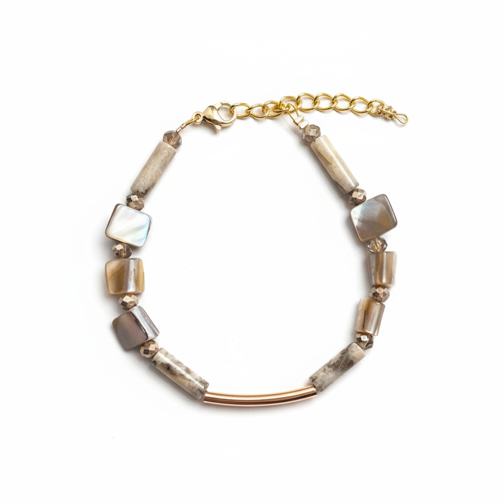 CSTB04 - Shell and Gemstone column bracelet - Cream, Pearl