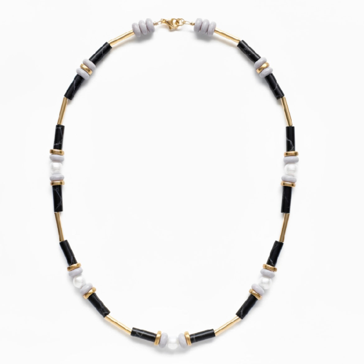 EOR02 - 18" , 24k Gold plated brass details,  black gemstone tone, Fresh water Pearls, Clay and Gold Plated Hematite