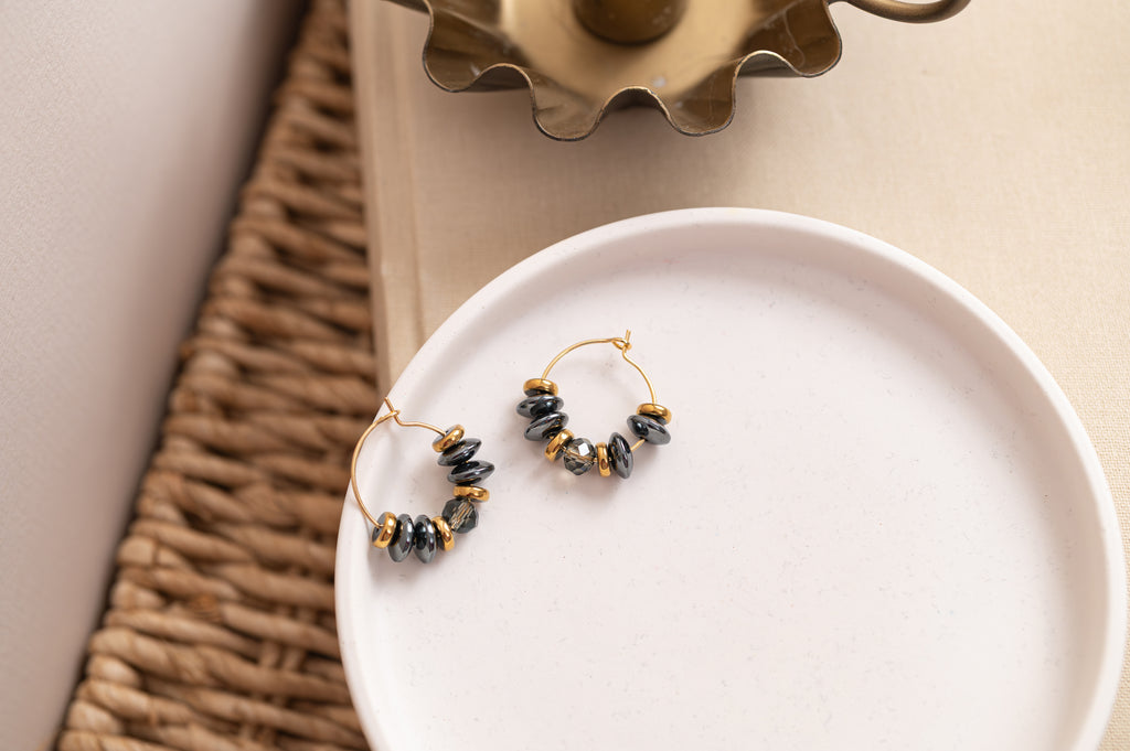 BDLHE15 - Crystal and Hematite Hoop earrings