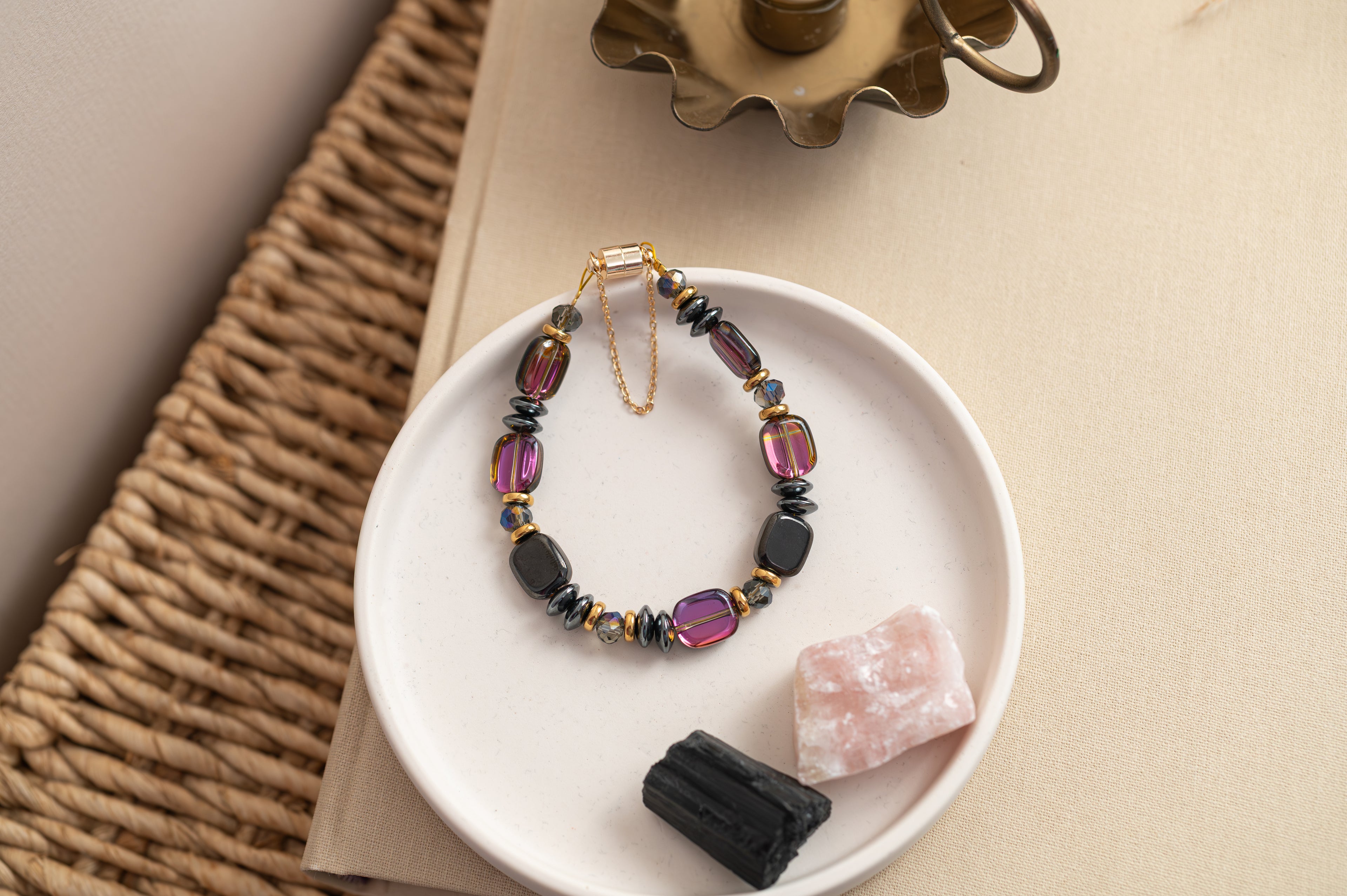 BDLB15 - Hematite, Glass & crystal bracelet in purple and bracelet