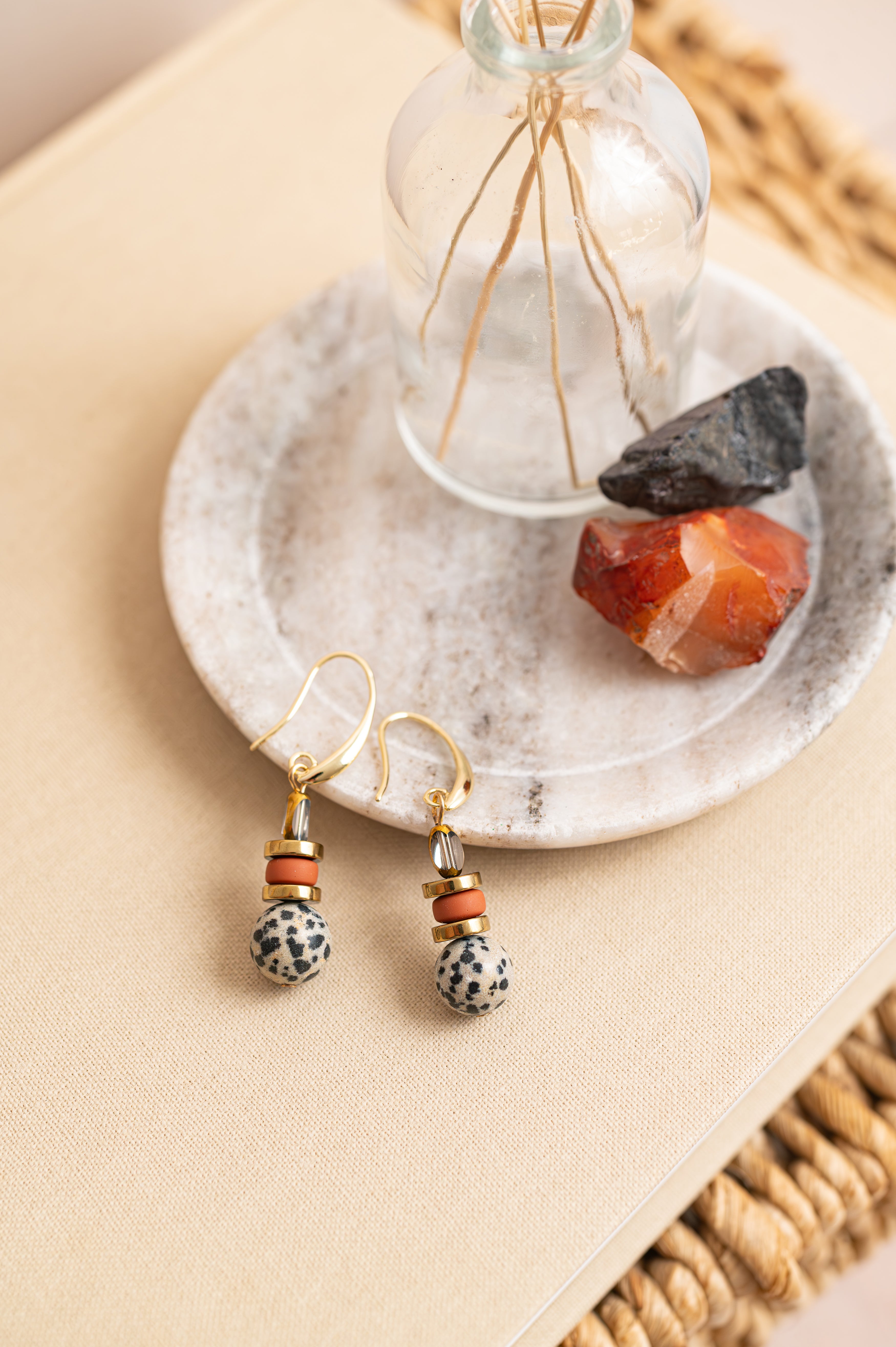BDLE02 - Dalmatian Jasper & Sandstone barrel Drop Earrings