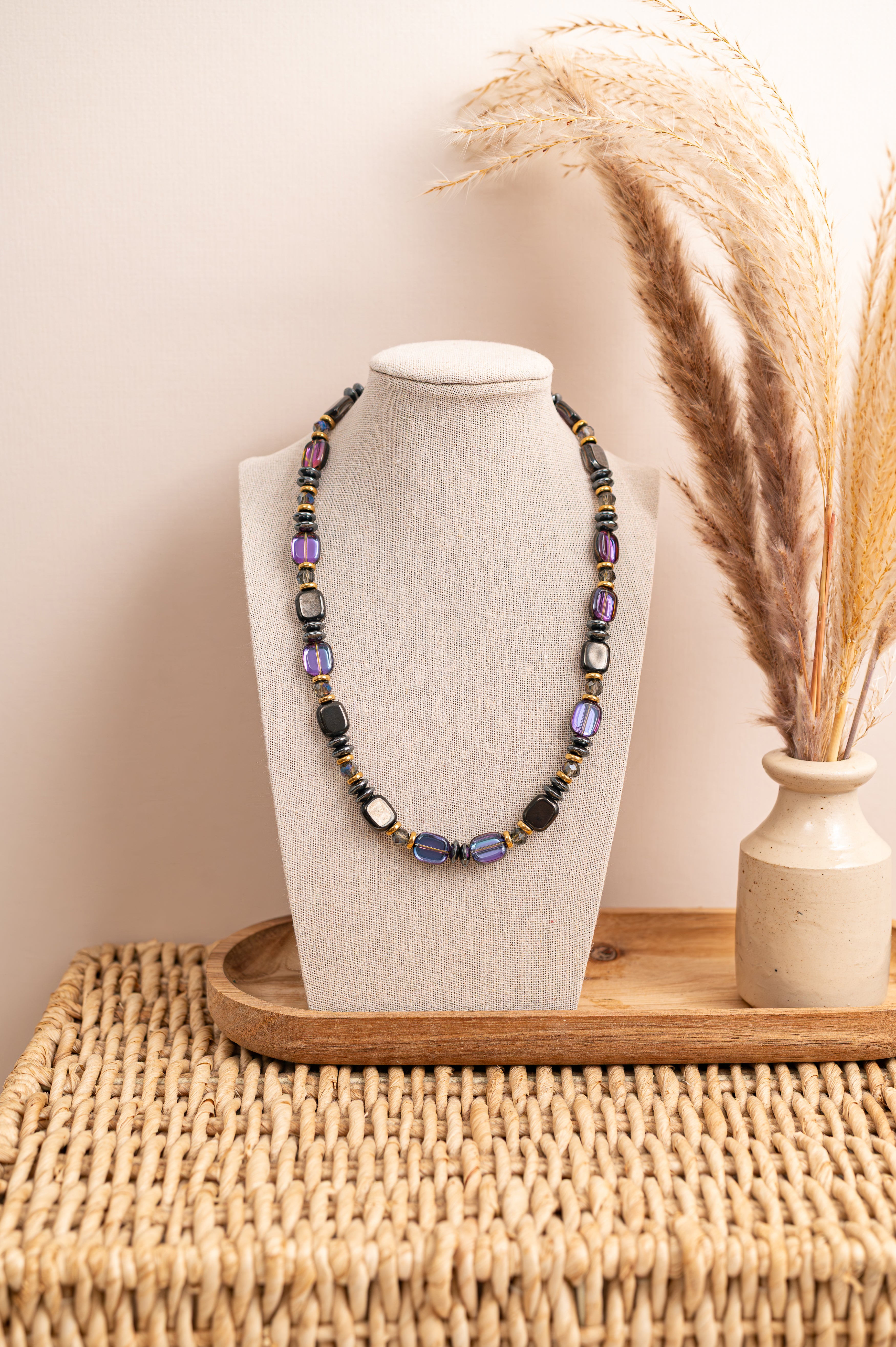 BDL15 - Hematite, Glass & crystal coloured necklace in purple and gunmetal