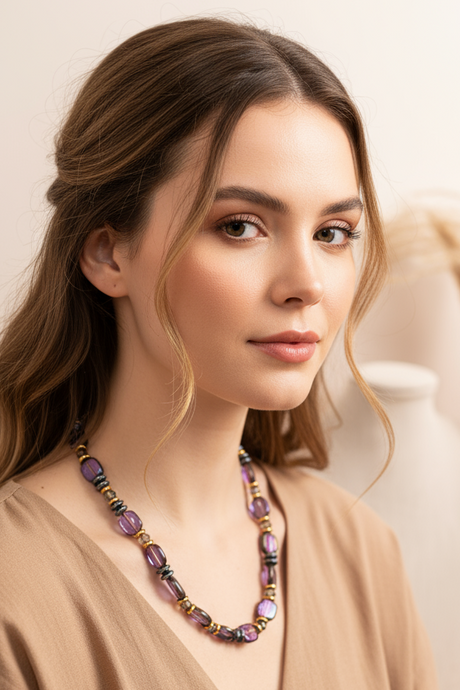 BDL15 - Hematite, Glass & crystal coloured necklace in purple and gunmetal