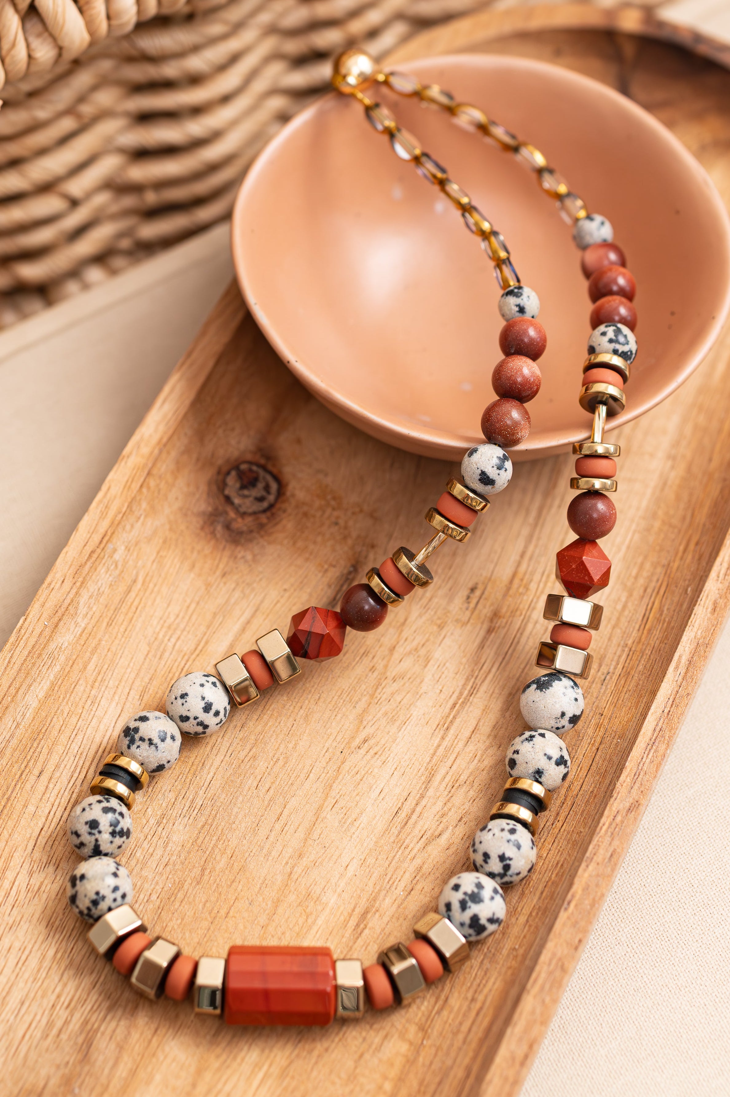 BDL02 - Dalmatian Jasper & Sandstone barrel necklace