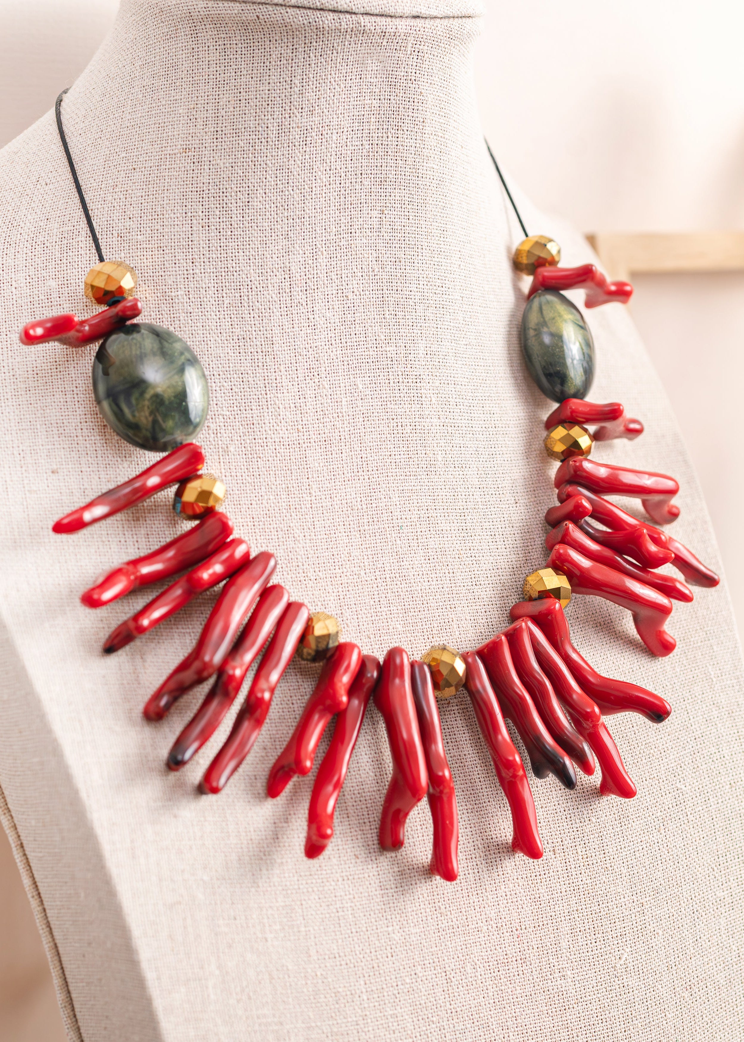 BDL13 - Statement Adjustable Resin Coral and crystal necklace