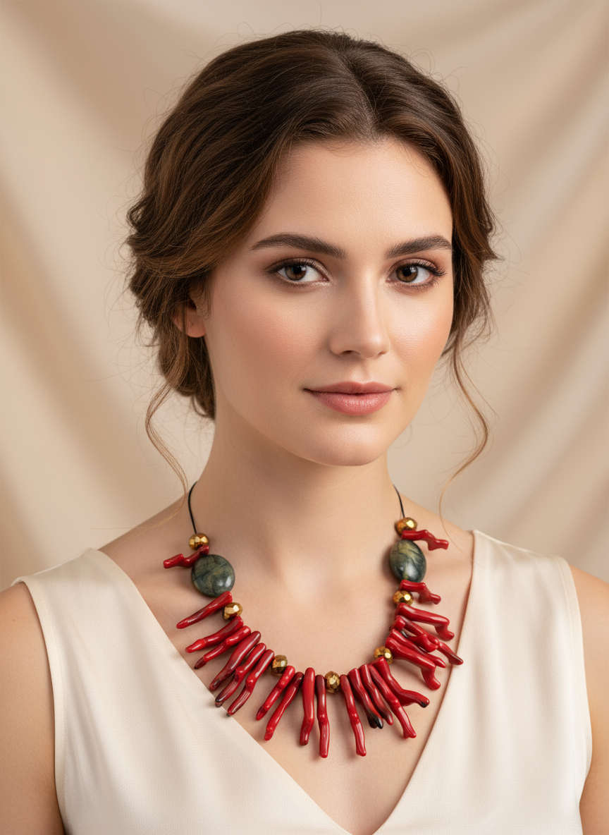 BDL13 - Statement Adjustable Resin Coral and crystal necklace