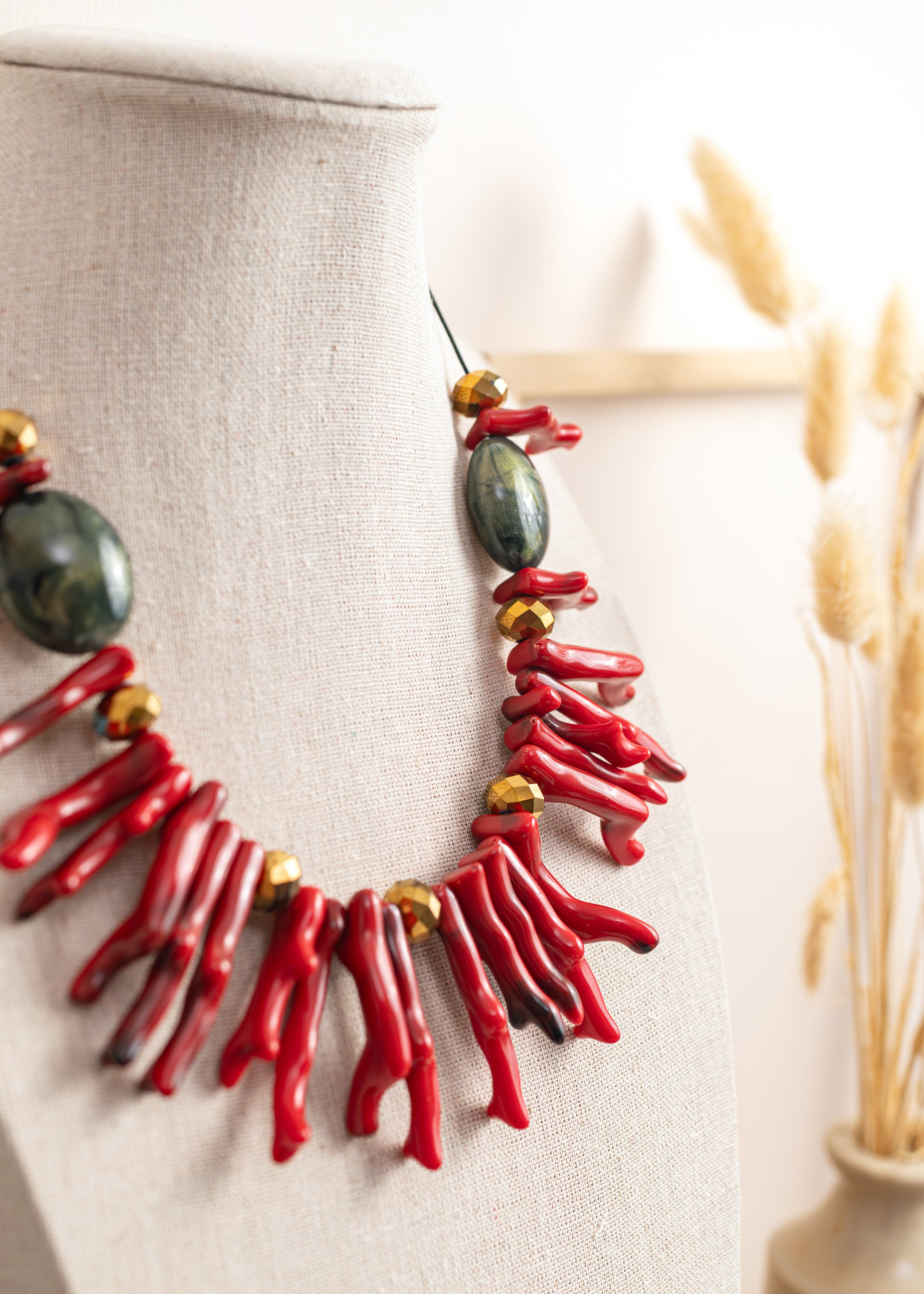 BDL13 - Statement Adjustable Resin Coral and crystal necklace