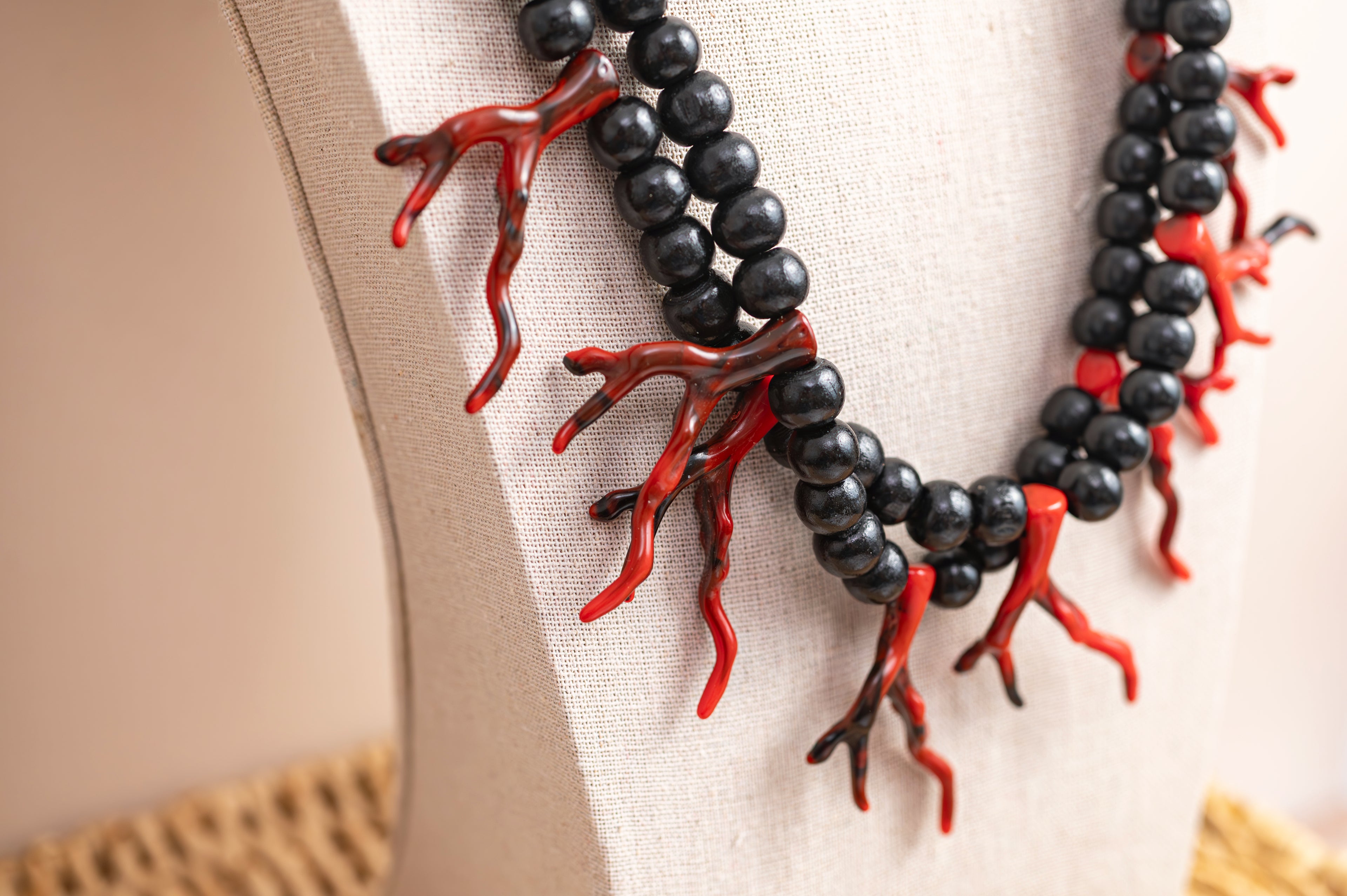 BDL12 - Adjustable red coral Resin and black wood double necklace