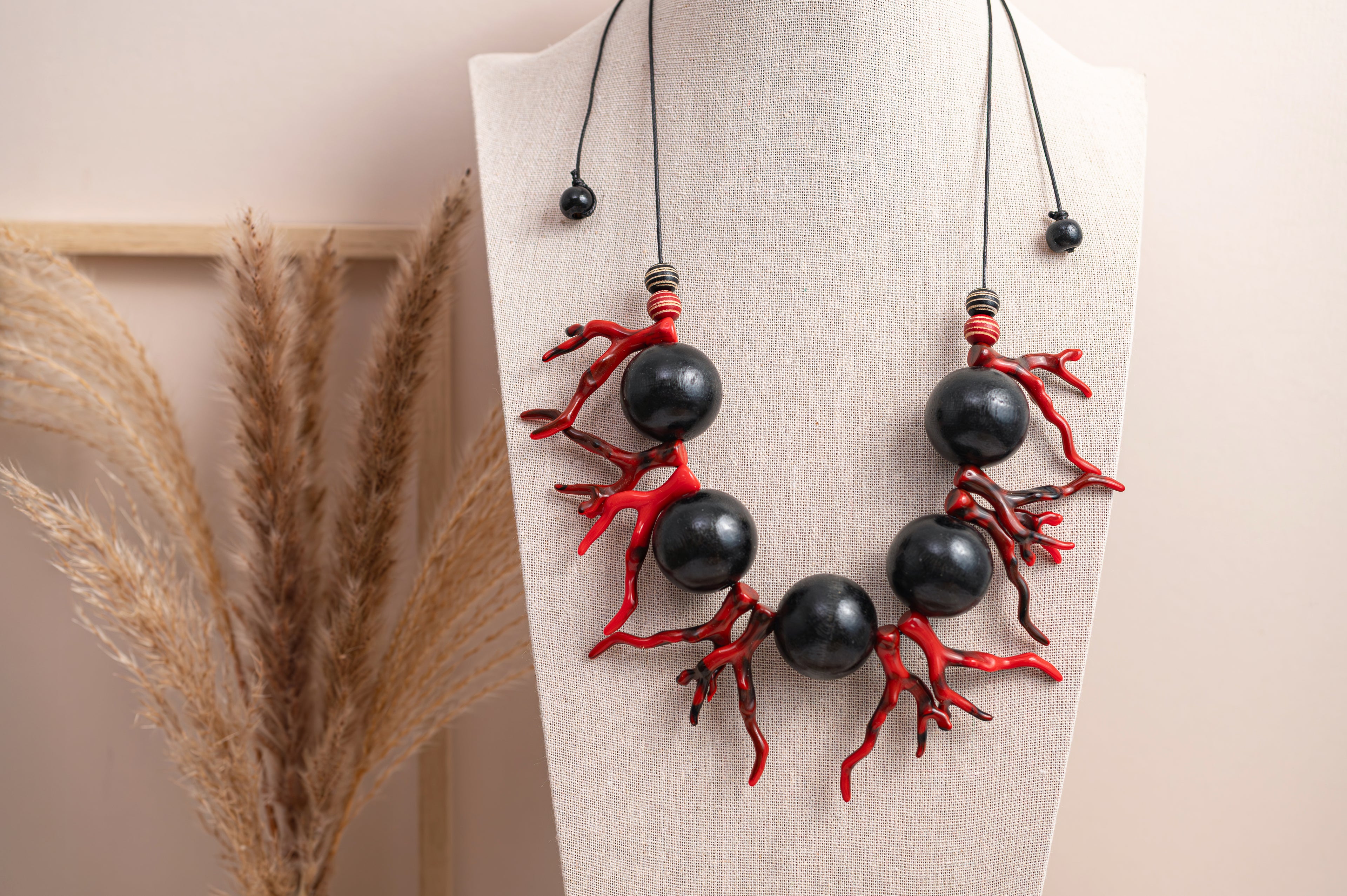 BDL11 - Adjustable red Coral Resin and chunky black wood necklace
