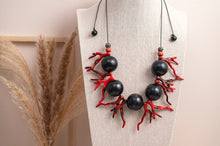 BDL11 - Adjustable red Coral Resin and chunky black wood necklace