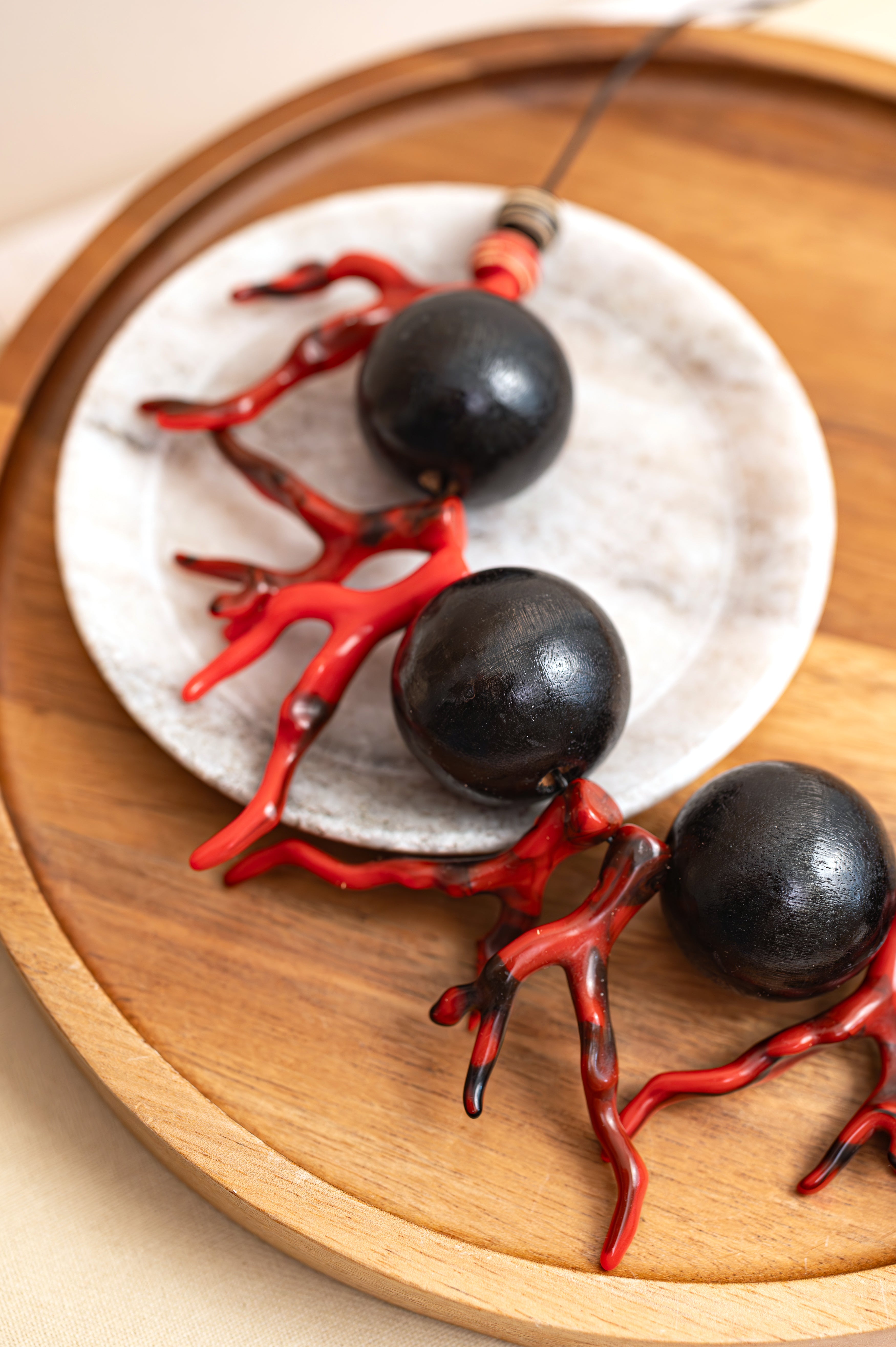 BDL11 - Adjustable red Coral Resin and chunky black wood necklace