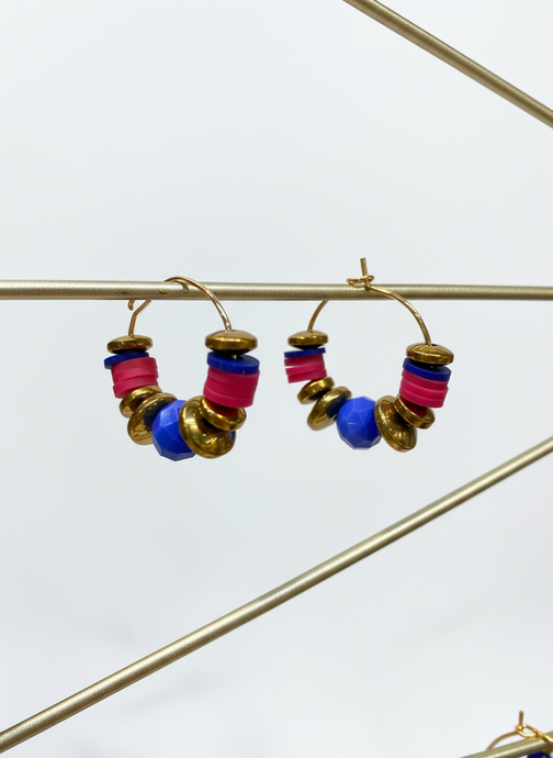 HILHE13 - Pink clay and Royal blue crystal hoop earrings