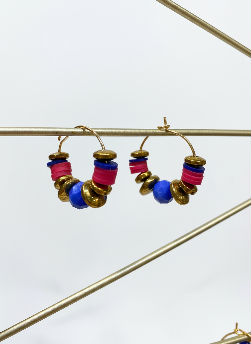 HILHE13 - Pink clay and Royal blue crystal hoop earrings