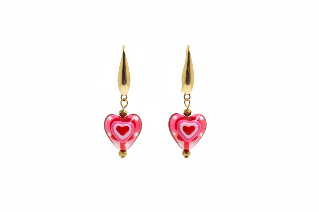 Glass heart earrings on white background
