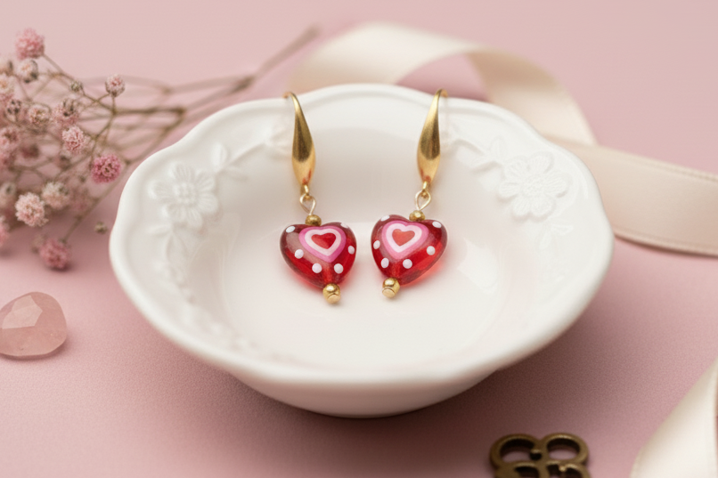 Glass heart earrings with hand on pink background
