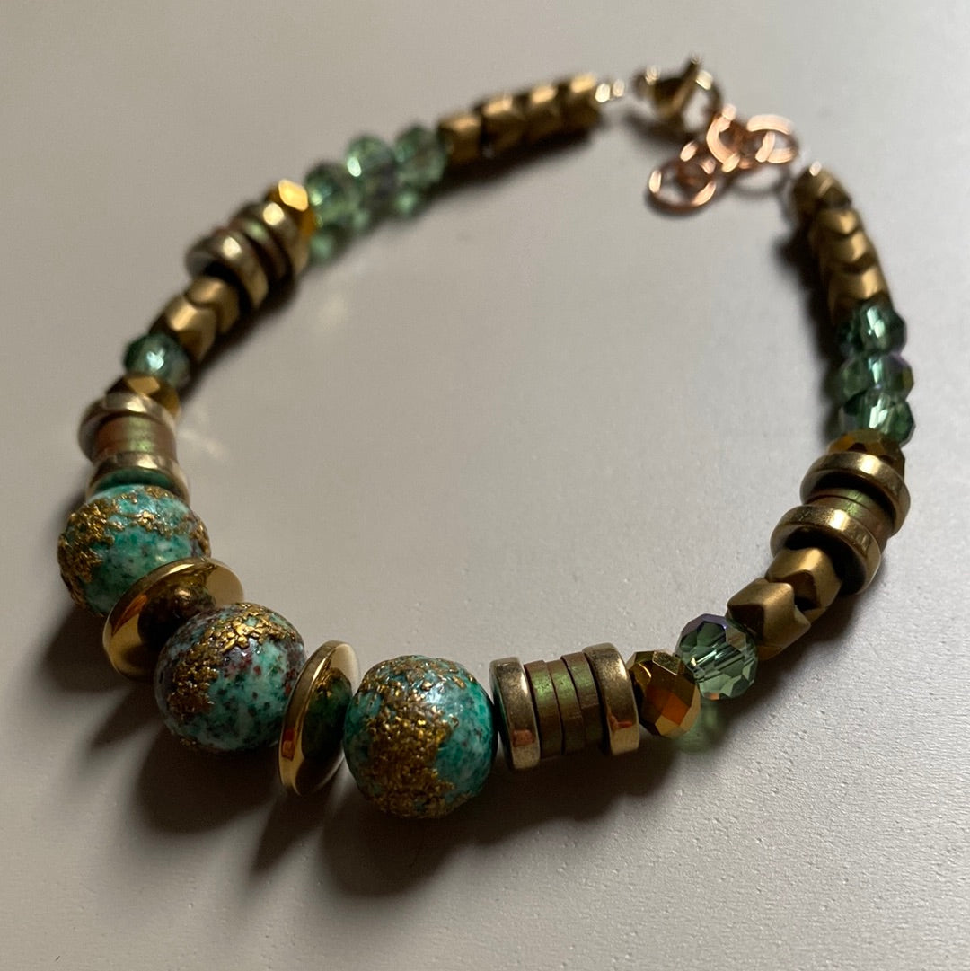 MRLB13 - Natural Chrysocolla, 24k gold plated brass, Gold plated Hematite, Clay, Glass