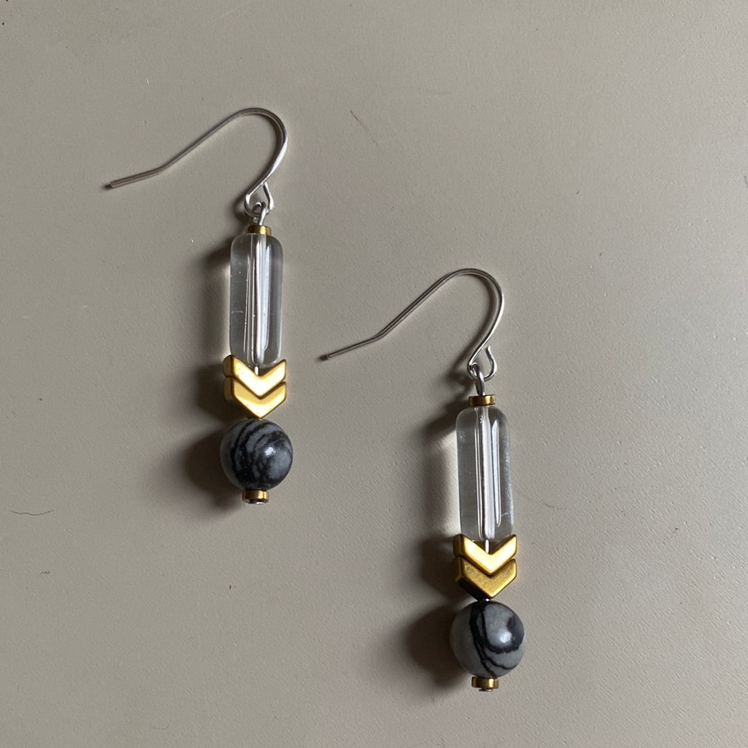 MRLE11 - Glass, Gold plated Hematite and Natural Black Silk Stone.