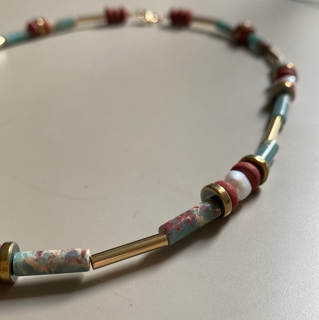 MRL08 - 18" , 24k Gold plated brass details, Synthetic Shoushan Stone, Fresh water Pearls, Clay and Gold Plated Hematite